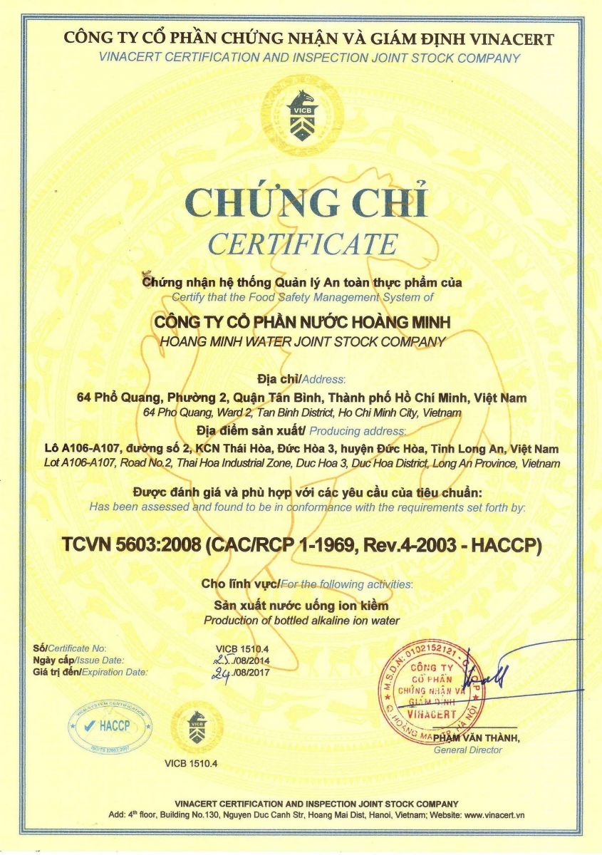 GIẤY CHỨNG NHẬN TIÊU CHUẨN SẢN PHẨM NƯỚC ION LIFE